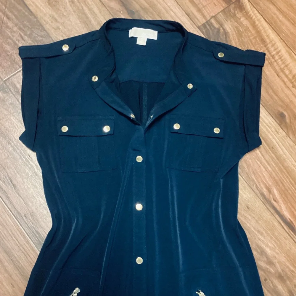 Michael Kors Navy Blue Maxi Shirt Dress Gold Hardware Slit Short Sleeve M